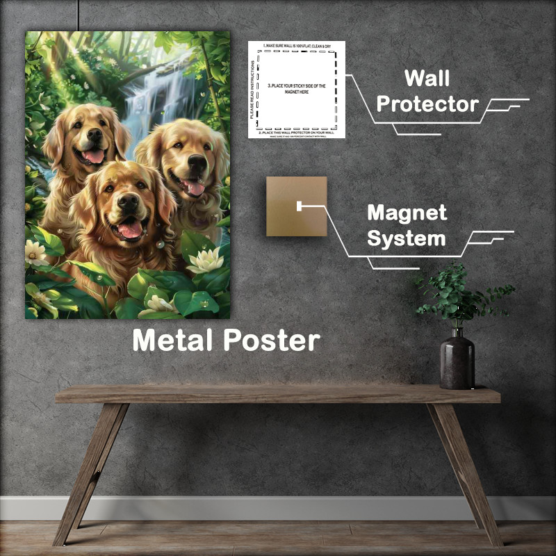 Buy Metal Poster : (Three Golden retrivers in the waterfall forest)