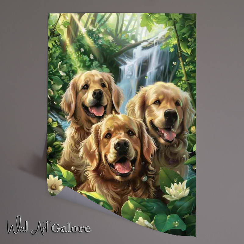 Buy Unframed Poster : (Three Golden retrivers in the waterfall forest)