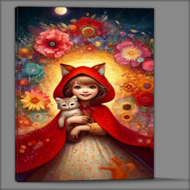 Buy Canvas : (Wearing a vibrant red cloak with a hood and cat)