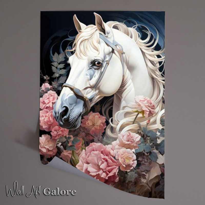 Buy Unframed Poster : (White Horse surrounded by flowers)
