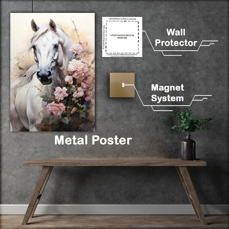 Buy Metal Poster : (White horse and flowers)
