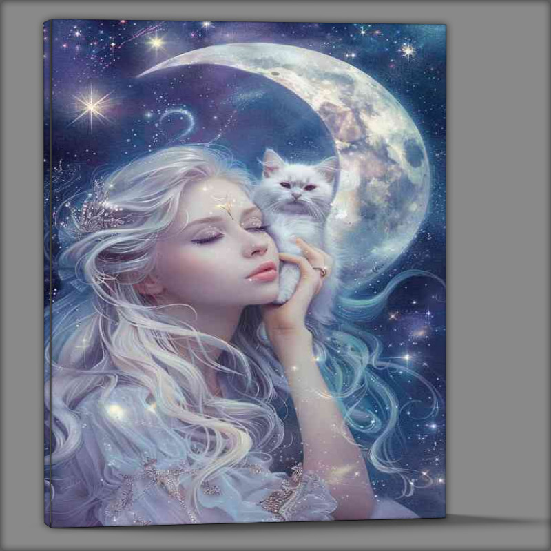 Buy Canvas : (Woman with a white cat in the moon stars)