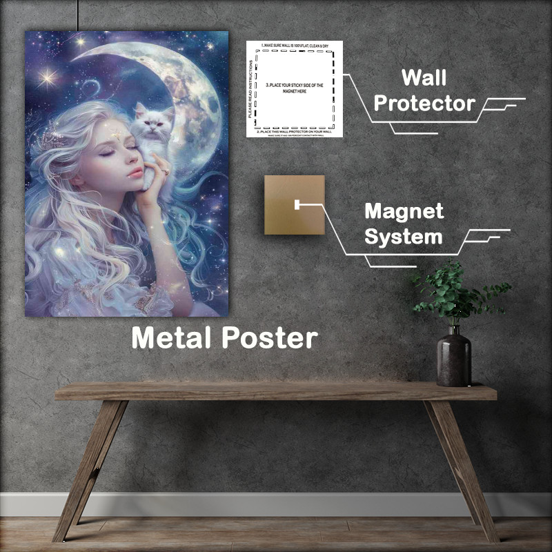 Buy Metal Poster : (Woman with a white cat in the moon stars)