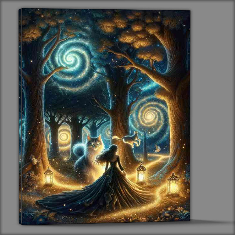 Buy Canvas : (mystical forest at night filled with with luminescent leaves cat)