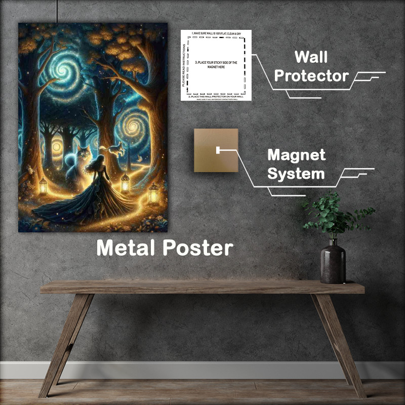 Buy Metal Poster : (mystical forest at night filled with with luminescent leaves cat)