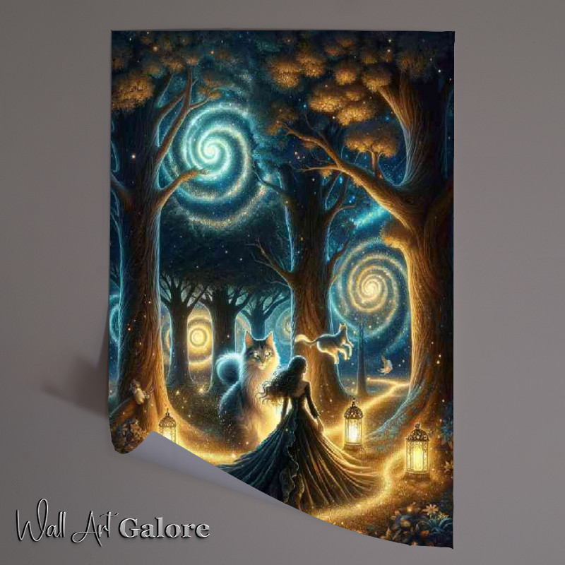 Buy Unframed Poster : (mystical forest at night filled with with luminescent leaves cat)