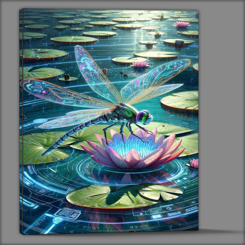 Buy Canvas : (Cyber enhanced dragonfly hovering over a digital water lily)