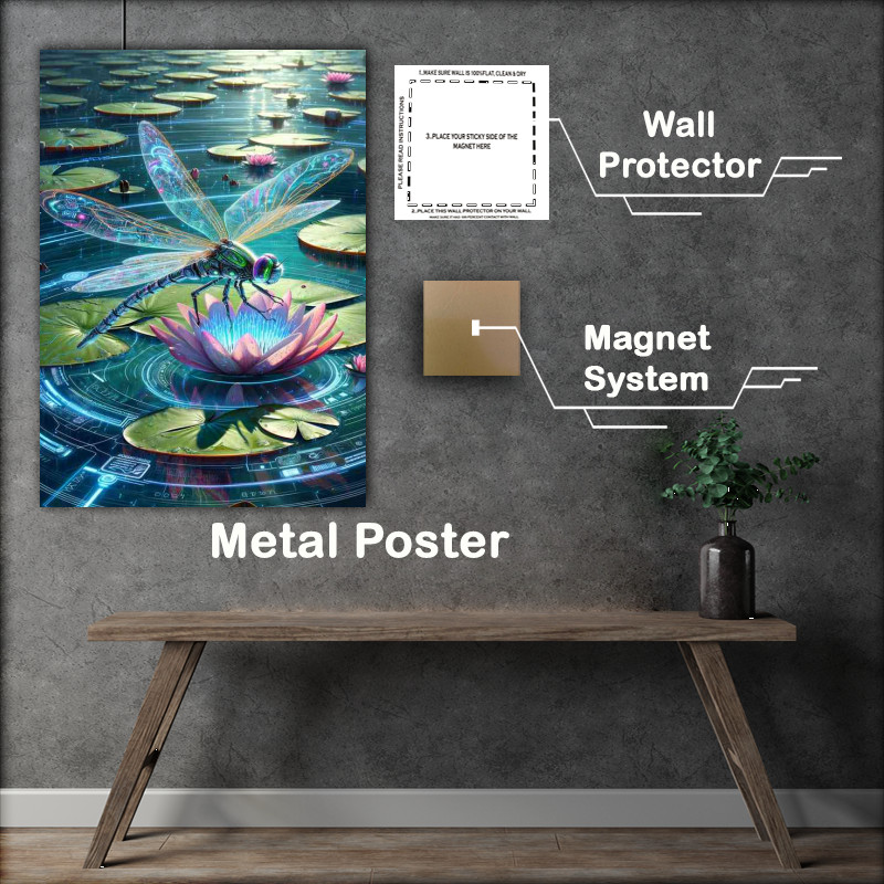 Buy Metal Poster : (Cyber enhanced dragonfly hovering over a digital water lily)