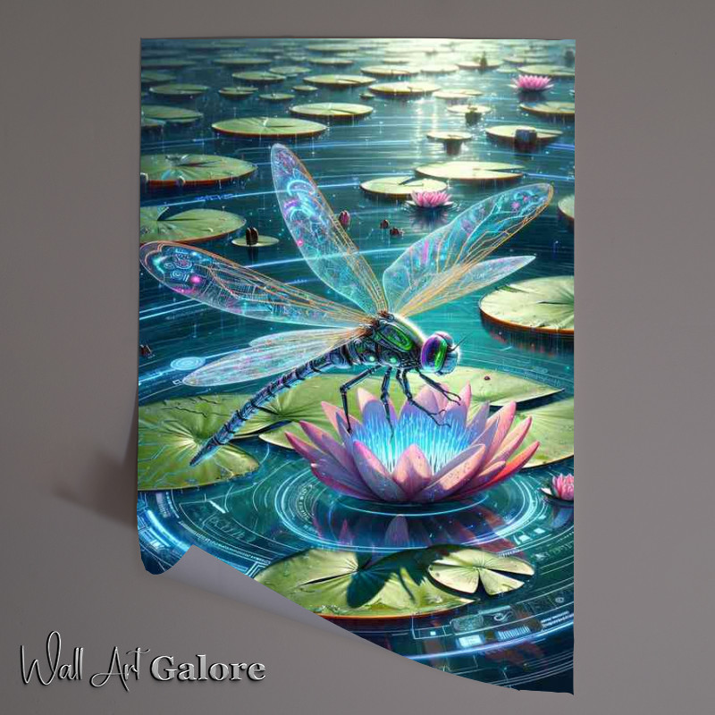 Buy Unframed Poster : (Cyber enhanced dragonfly hovering over a digital water lily)