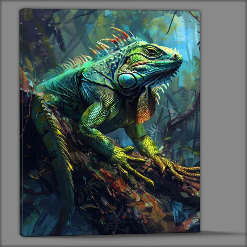 Buy Canvas : (Green Iguana is perched on a branch in the woods)