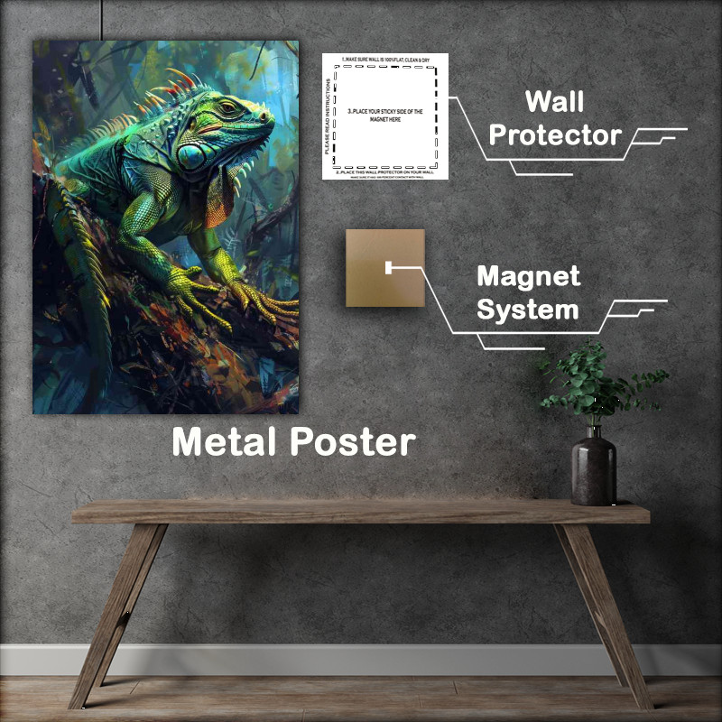 Buy Metal Poster : (Green Iguana is perched on a branch in the woods)