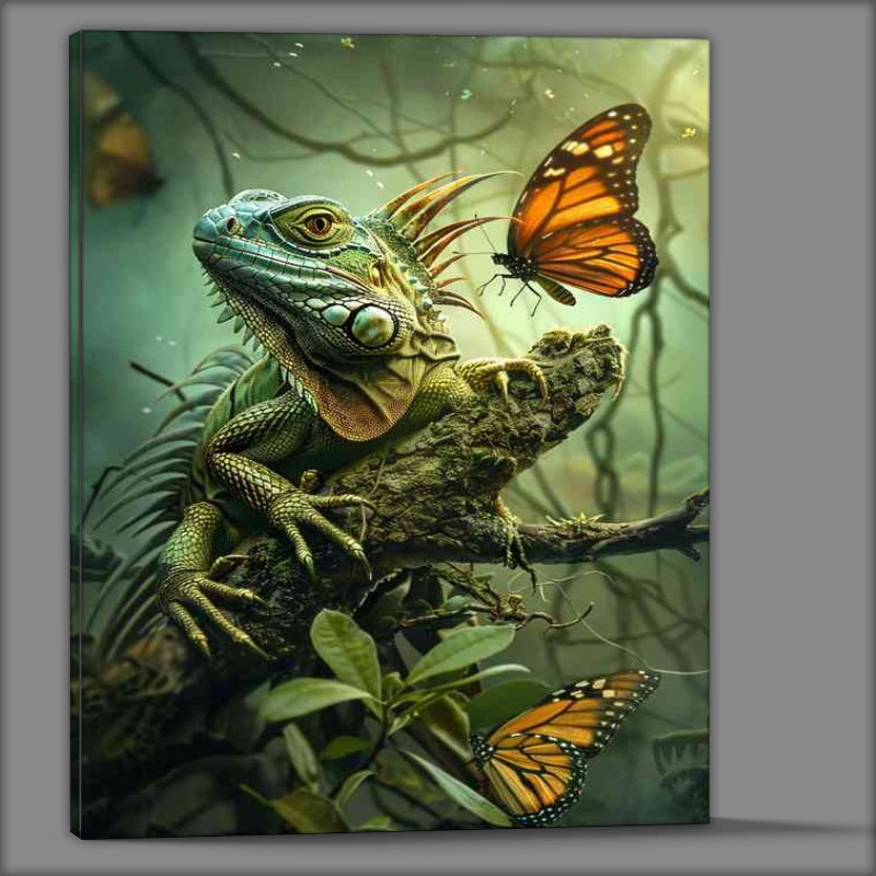 Buy Canvas : (Green lizard sits on a branch with two butterflies)