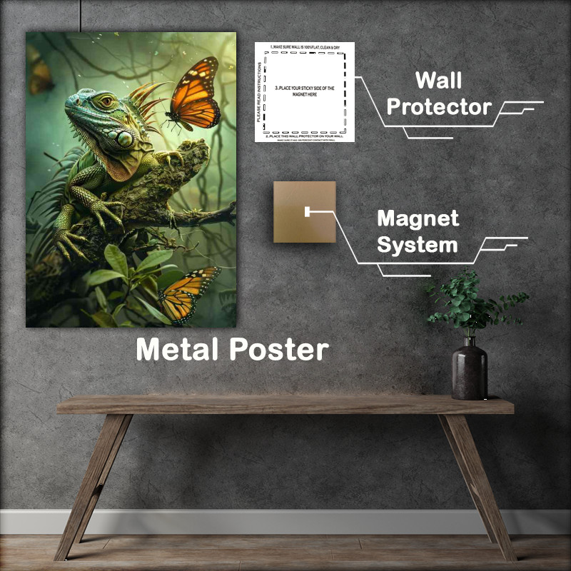 Buy Metal Poster : (Green lizard sits on a branch with two butterflies)