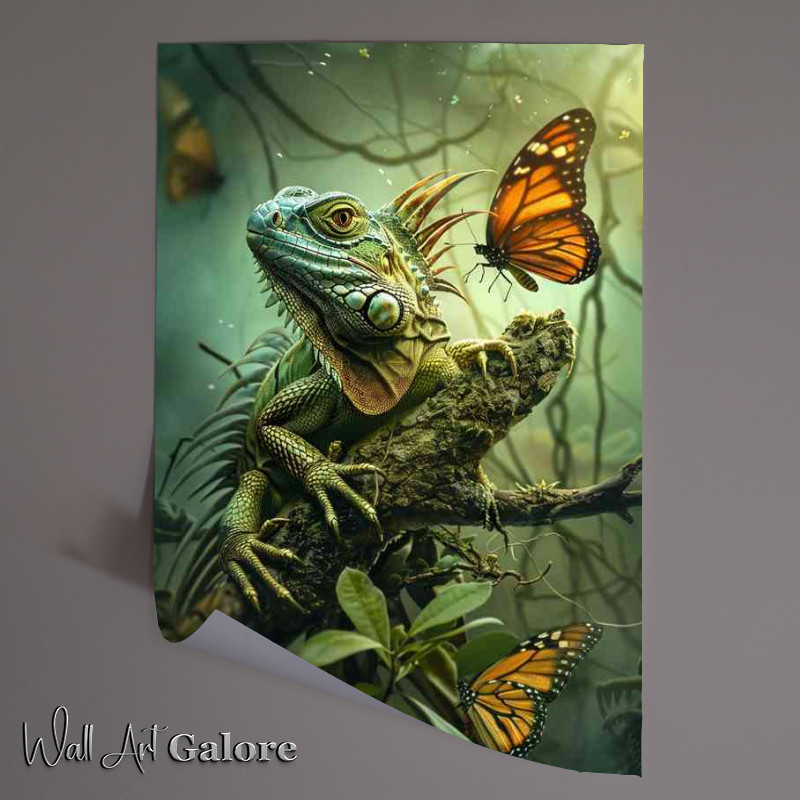 Buy Unframed Poster : (Green lizard sits on a branch with two butterflies)