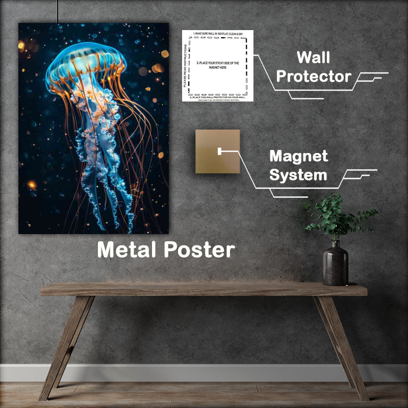 Buy Metal Poster : (A Single Blue and glod jellyfish)