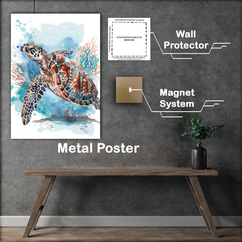 Buy Metal Poster : (A brown and white sea turtle swimming in the ocean)