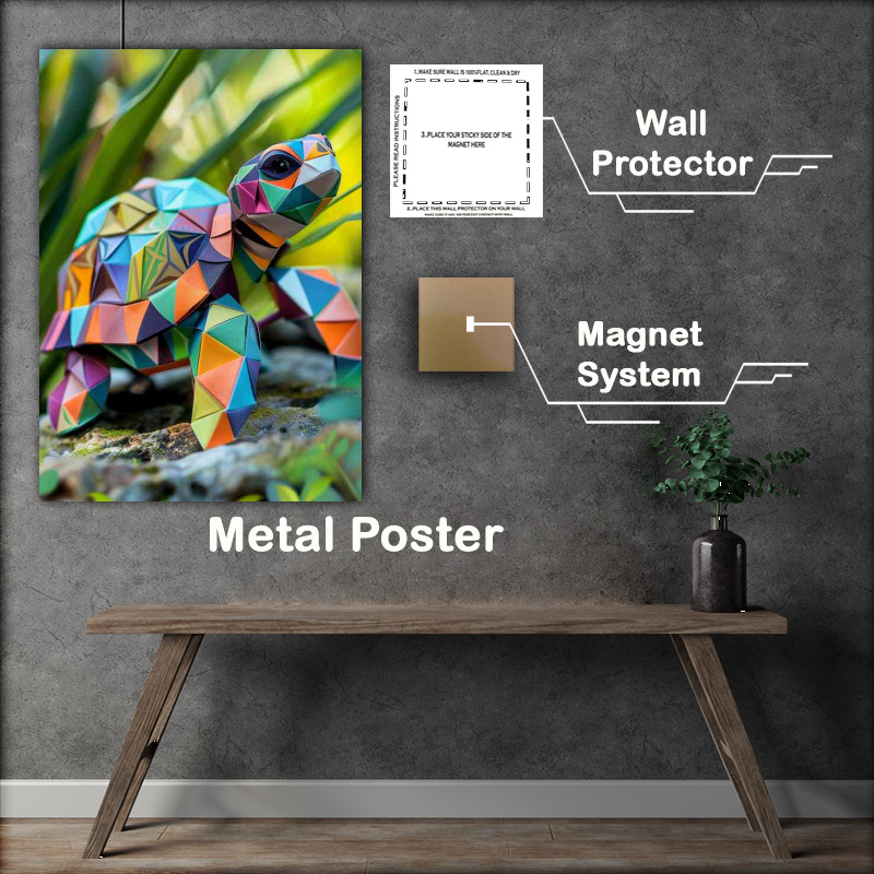Buy Metal Poster : (A cute little turtle with colorful geometric patterns)
