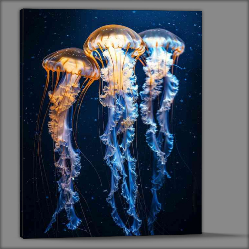 Buy Canvas : (Dark sea jellyfish dance gracefully with golden glow)