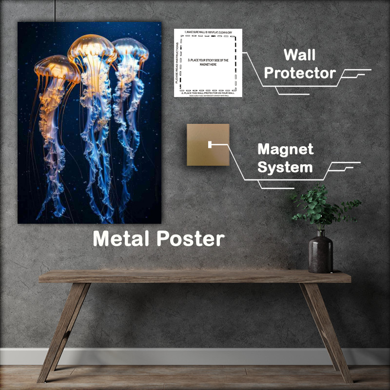 Buy Metal Poster : (Dark sea jellyfish dance gracefully with golden glow)