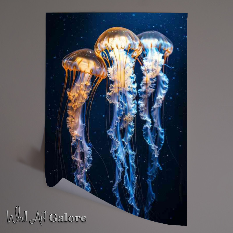 Buy Unframed Poster : (Dark sea jellyfish dance gracefully with golden glow)