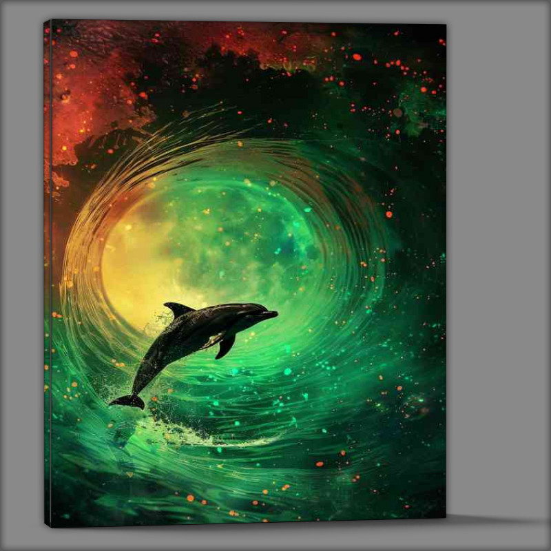 Buy Canvas : (Dolphin flying through a green glowing tunnel)