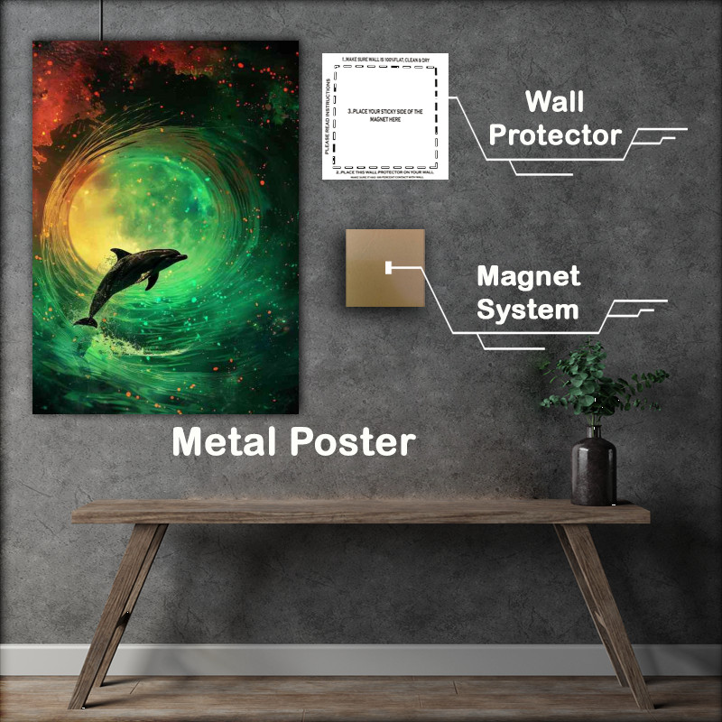 Buy Metal Poster : (Dolphin flying through a green glowing tunnel)