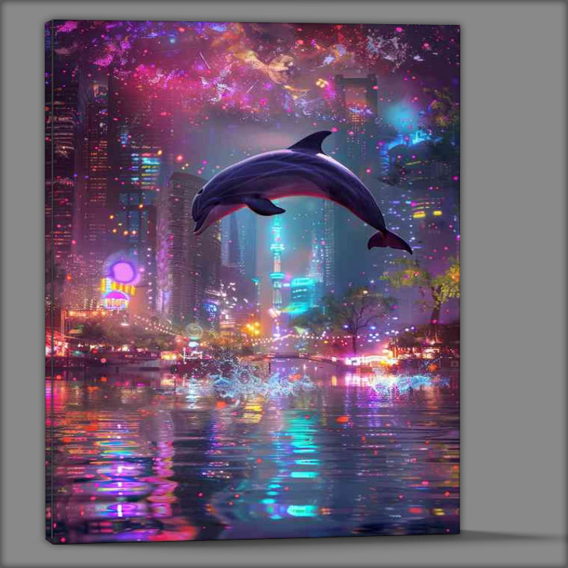 Buy Canvas : (Dolphin is jumping with colorful lights)