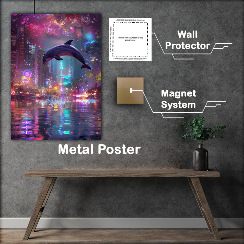 Buy Metal Poster : (Dolphin is jumping with colorful lights)
