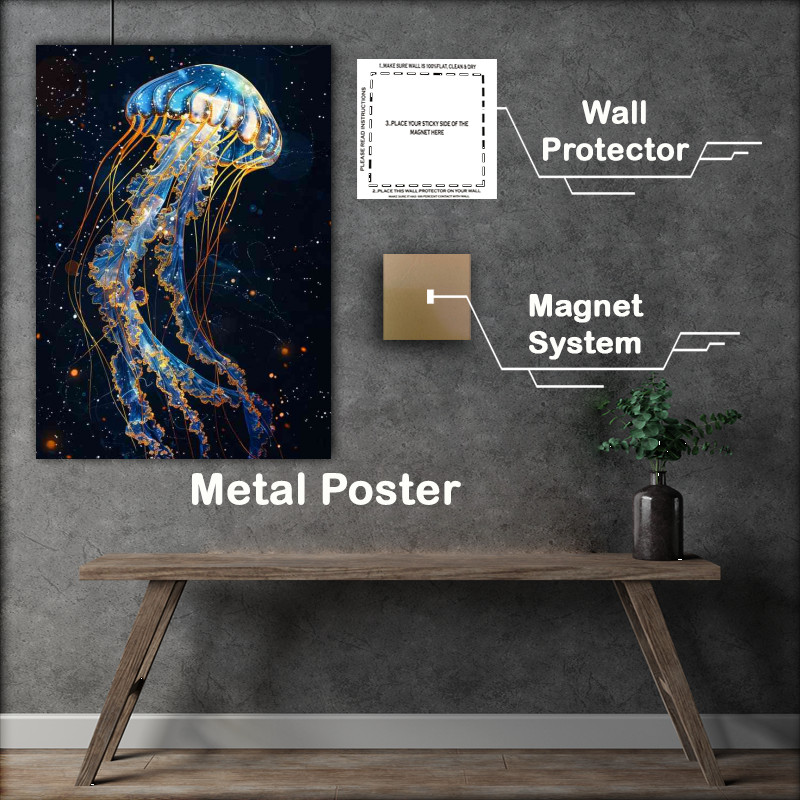 Buy Metal Poster : (Jellyfish blue and gold lines dark Ocean)