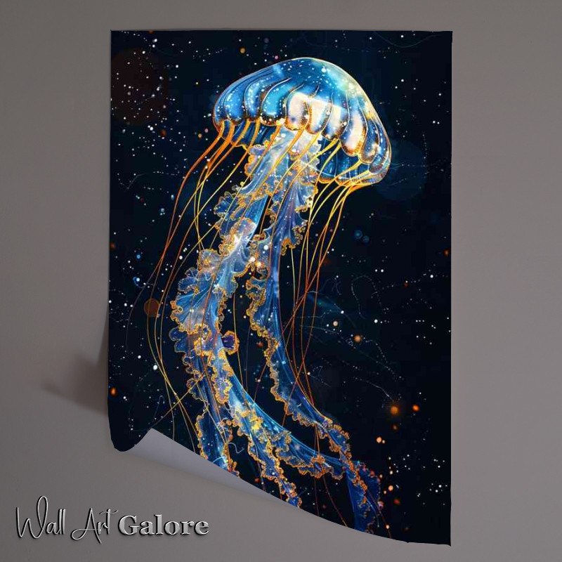Buy Unframed Poster : (Jellyfish blue and gold lines dark Ocean)