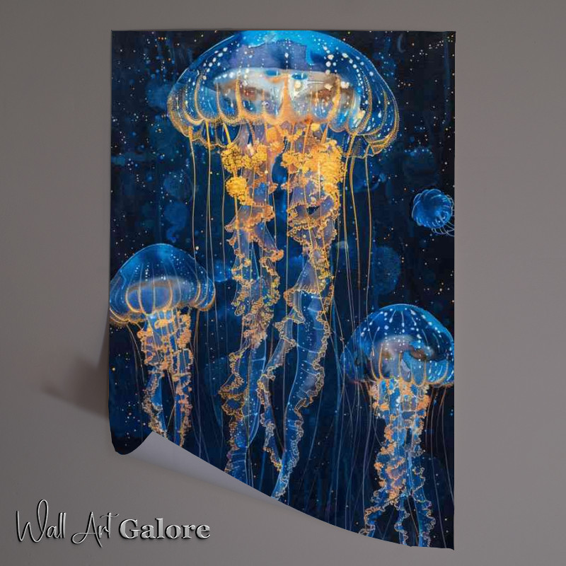 Buy Unframed Poster : (Jellyfish glowing blue and gold lines dark background)