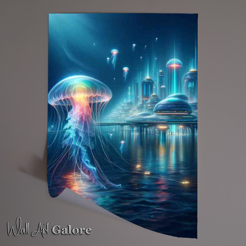 Buy Unframed Poster : (Neon jellyfish swimming in the depths underwater city)