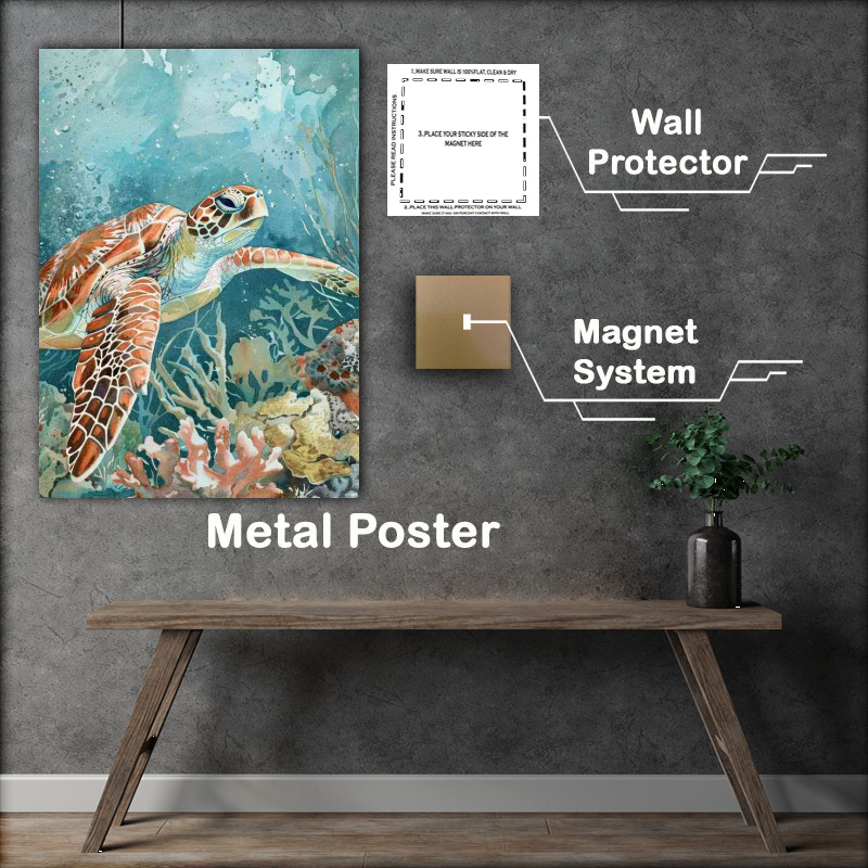 Buy Metal Poster : (Sea turtle swimming on the ocean bed)