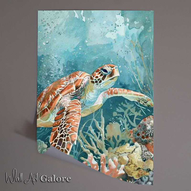 Buy Unframed Poster : (Sea turtle swimming on the ocean bed)