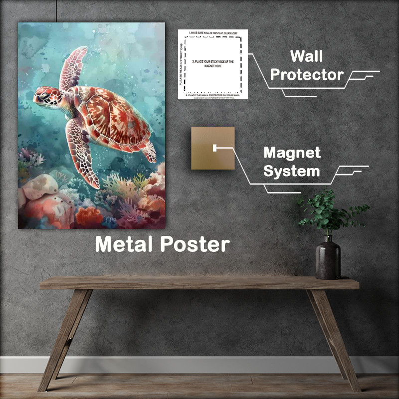 Buy Metal Poster : (Turtle swimming in the ocean coral reef)