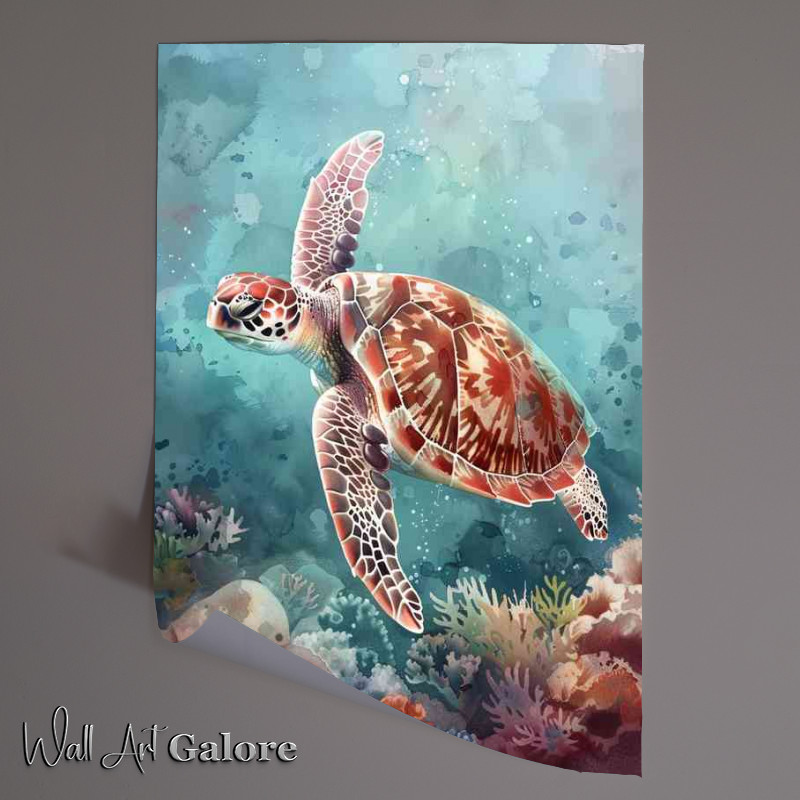 Buy Unframed Poster : (Turtle swimming in the ocean coral reef)