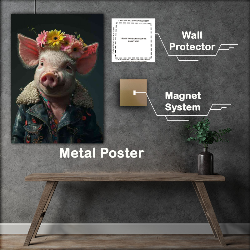Buy Metal Poster : (Little Pig wearing a flowered head set)