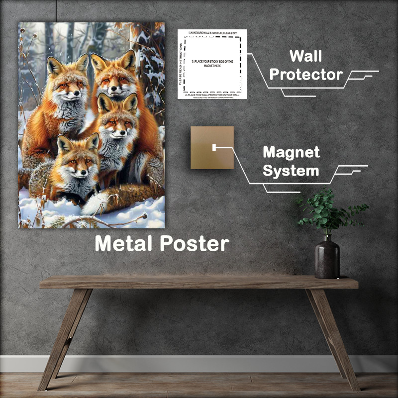 Buy Metal Poster : (A family of red Foxes in the snow)