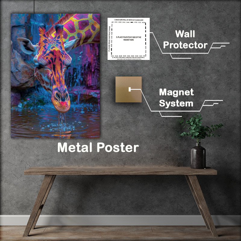 Buy Metal Poster : (Amazing giraffe drinking at the wattering hole)