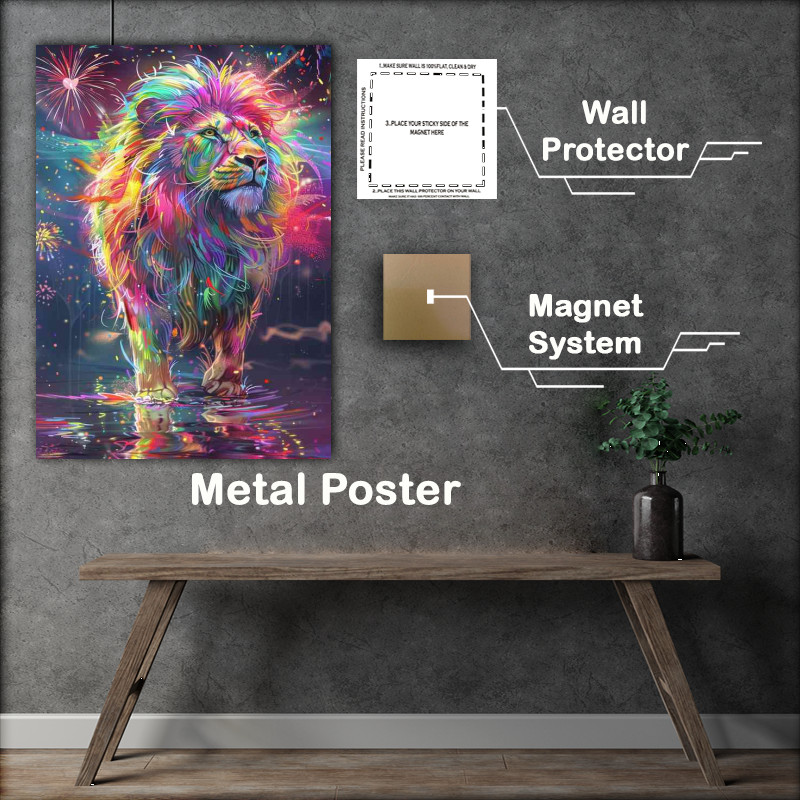 Buy Metal Poster : (Bright colourful Lion standing in water)