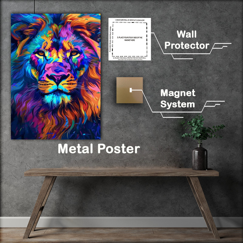 Buy Metal Poster : (Colorful painting of an imposing lion)