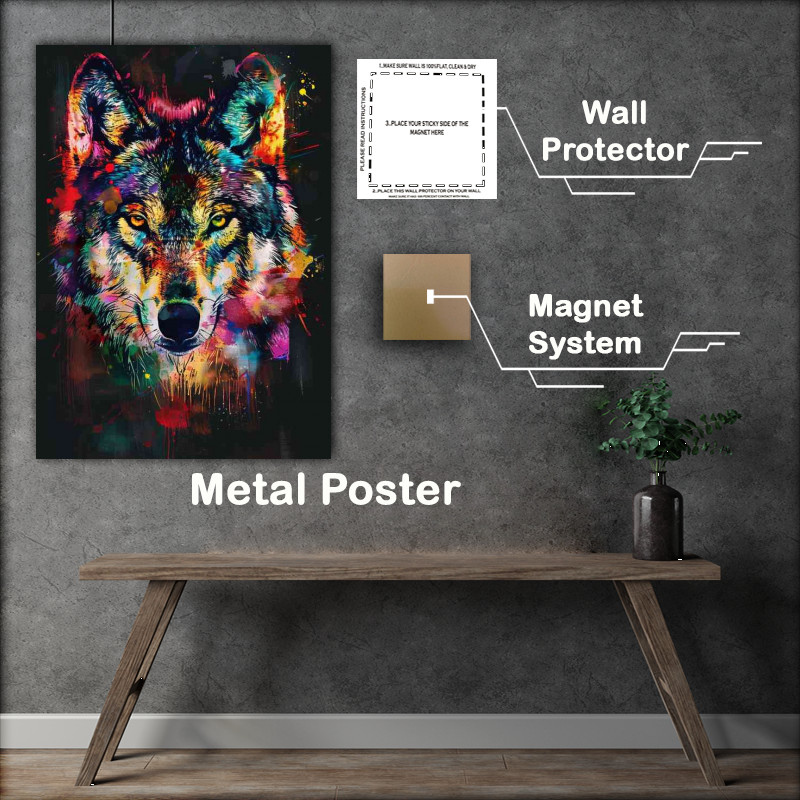 Buy Metal Poster : (Colorful wolf face with paint splashes on black)