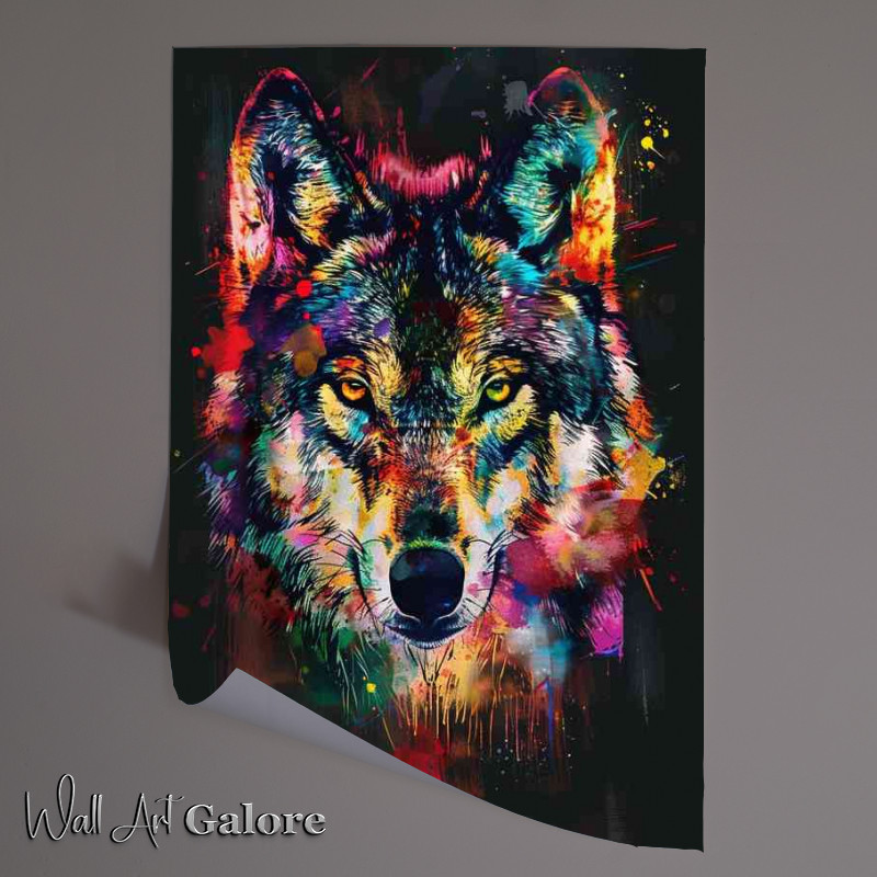 Buy Unframed Poster : (Colorful wolf face with paint splashes on black)