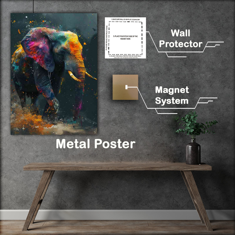 Buy Metal Poster : (Colourful splash elephant running free)