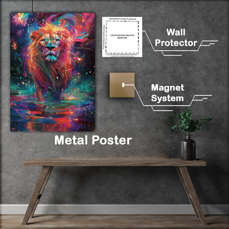 Buy Metal Poster : (Colourful water a lion standing)