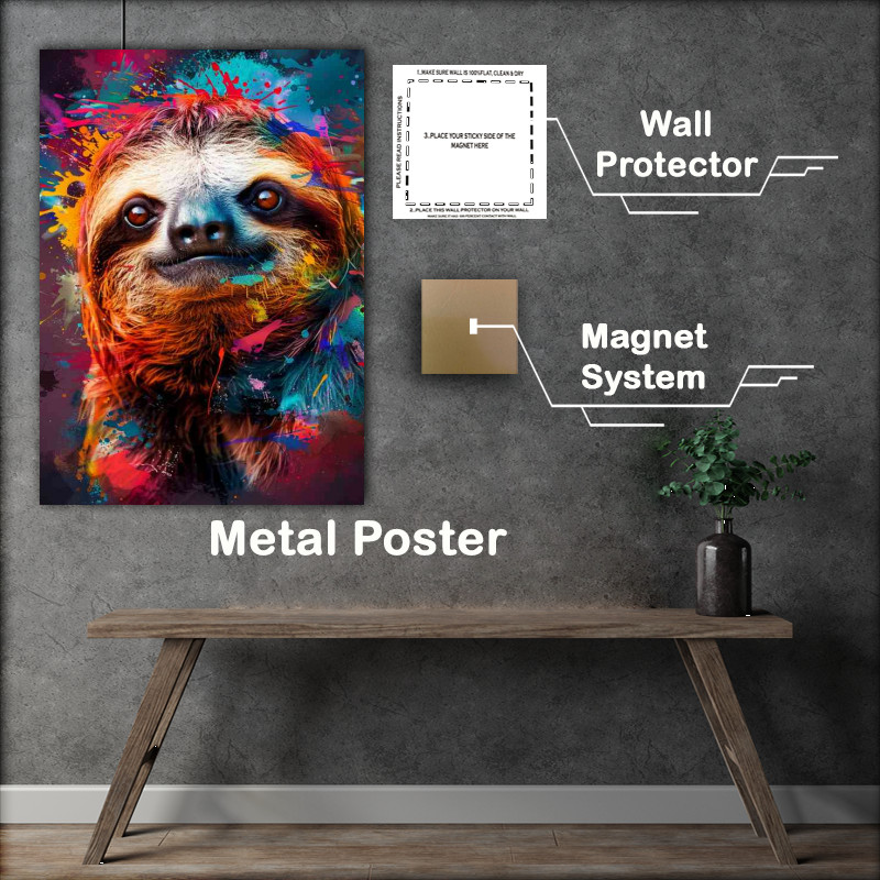 Buy Metal Poster : (Cute sloth with colorful paint splashes)