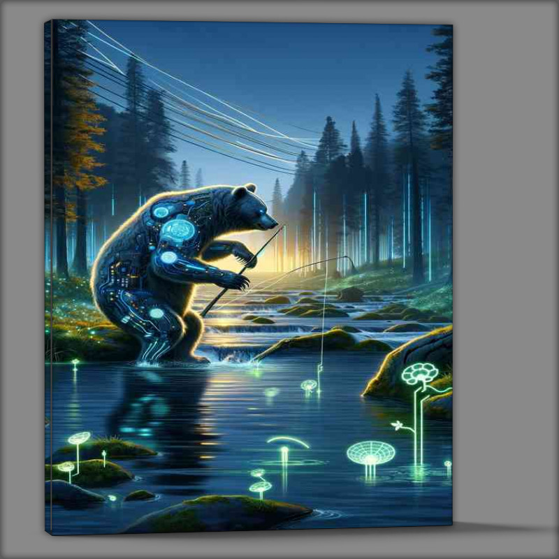 Buy Canvas : (Cybernetic bear fishing in a river a futuristic wilderness)
