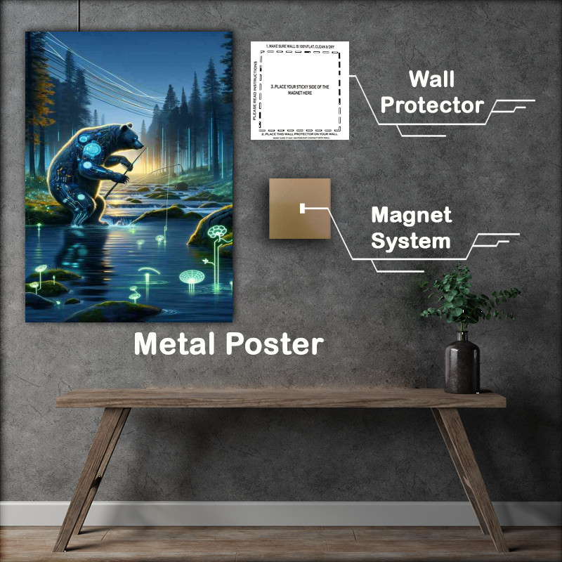 Buy Metal Poster : (Cybernetic bear fishing in a river a futuristic wilderness)