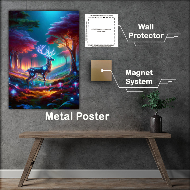 Buy Metal Poster : (Cybernetic deer standing in a vivid futuristic forest)