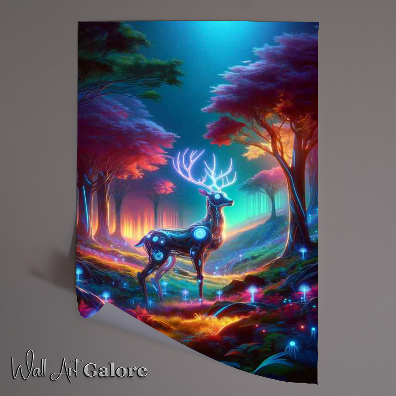 Buy Unframed Poster : (Cybernetic deer standing in a vivid futuristic forest)
